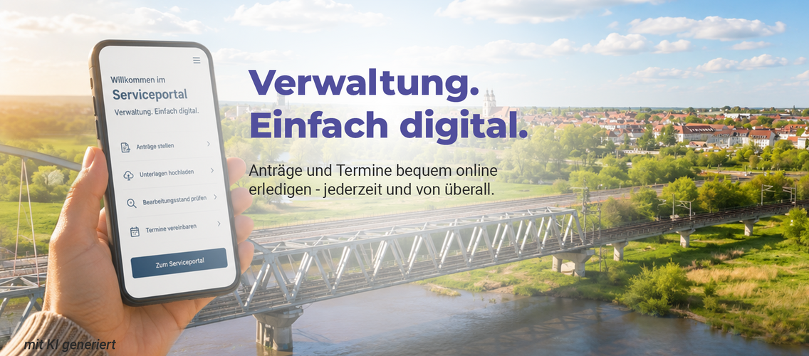 Stadt Wittenberg im Hintergrund und im Vordergrund wird ein Smartphone gehalten, wo das neue Serviceportal zu sehen ist.